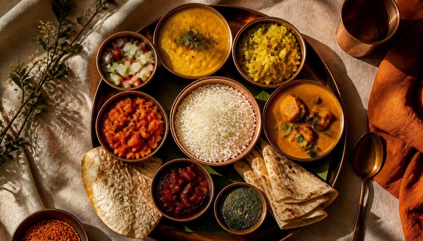 Overhead of a traditional vegetarian thali with copper bowls